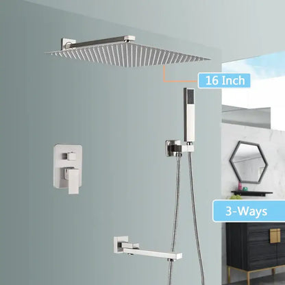 Modern brushed nickel shower faucet set featuring a 16-inch square rain shower head with a sleek chrome finish