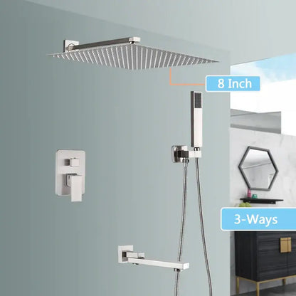 Modern brushed nickel shower faucet set with 8-inch square rain shower head handheld spray and three-way mixing valve