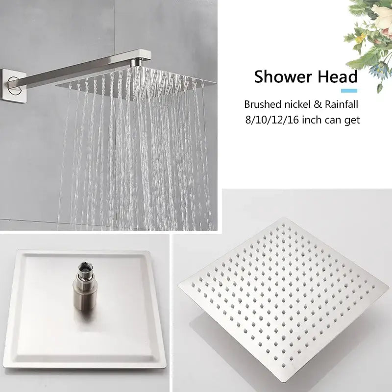 Modern brushed nickel rainfall shower faucet set with square perforated shower head and tub spout for bathroom use
