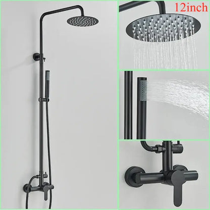 Modern brushed nickel rainfall shower system with black matte 12-inch rainhead and handheld bathroom spray decorbites brushed nickel
