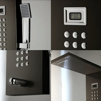 Modern brushed nickel shower column with digital temperature display handheld showerhead and multiple control buttons for decorbites brushed nickel