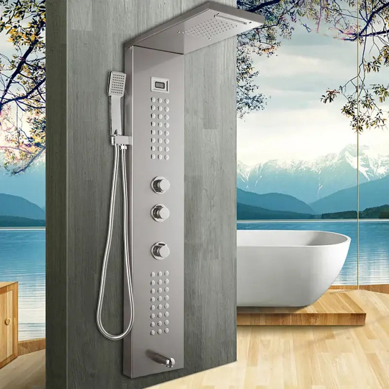 Modern brushed nickel shower column with a chrome-finished rainhead, handheld spray, tub spout, and multiple controls decorbites brushed nickel