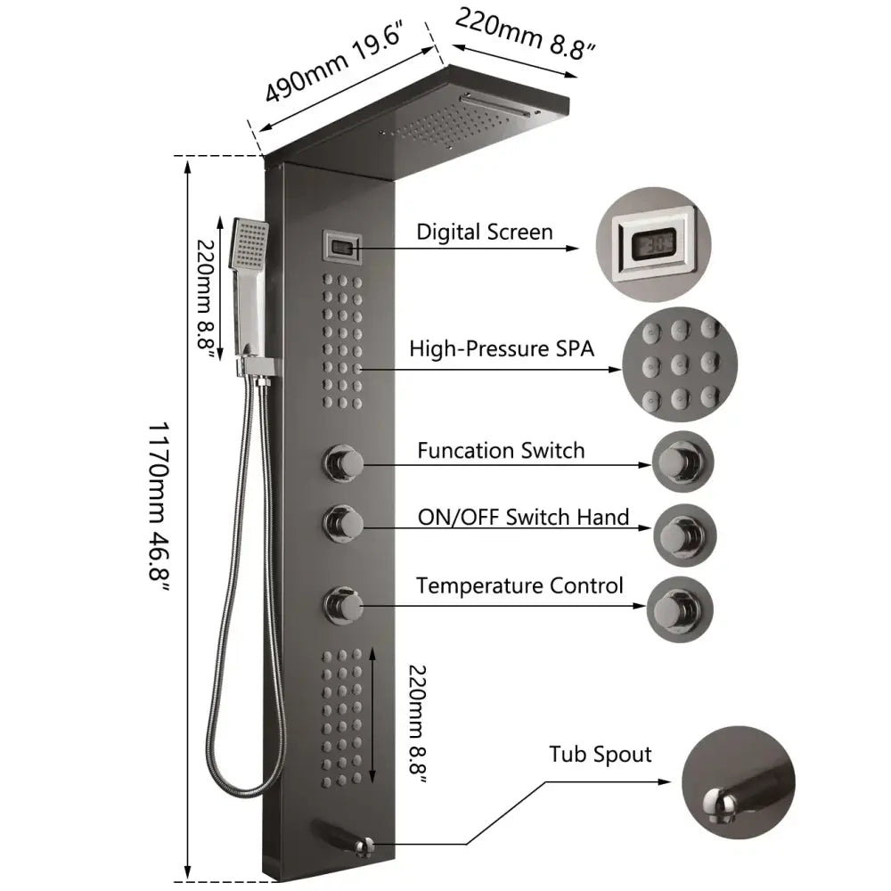 Modern brushed nickel shower column with black matte finish, digital temperature control, rainhead, and chrome handheld showerhead accents