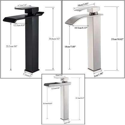 Modern brushed nickel and black single lever basin faucets with sleek waterfall spouts for bathroom use