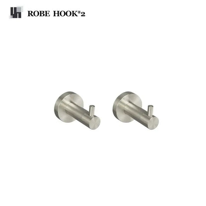 Stainless steel robe hooks with a sleek modern design in brushed nickel hardware set for bathroom towel bar use