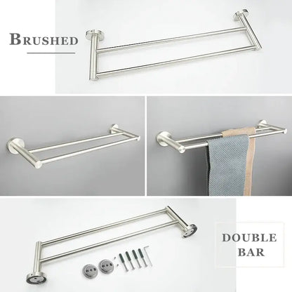 Modern brushed nickel stainless steel double bar towel rack with sleek design and included hardware set for bathroom use