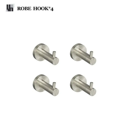 Set of four sleek brushed nickel stainless steel robe hooks with modern minimalist design for hardware set bathroom use