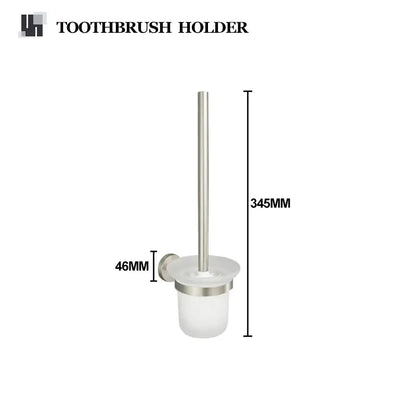 Silver-toned toothbrush holder with frosted glass base and brushed nickel stainless steel hardware set finish