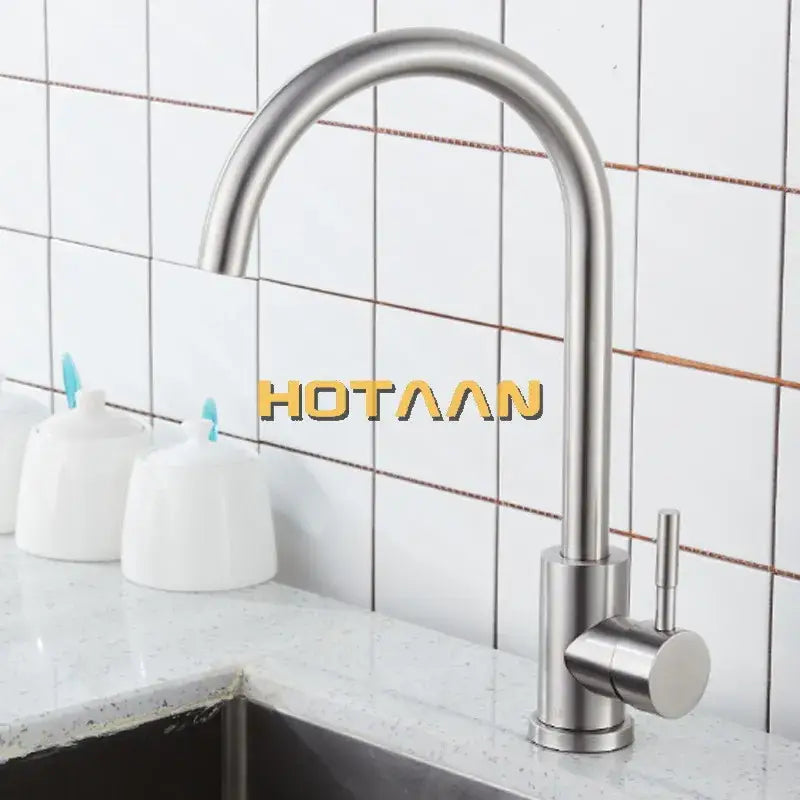 Modern brushed nickel stainless steel kitchen faucet with a sleek curved spout and minimalist design for kitchens
