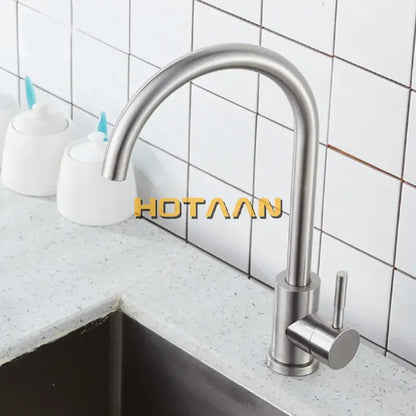 Modern brushed nickel stainless steel kitchen faucet with curved spout and sleek minimalist design for kitchen use