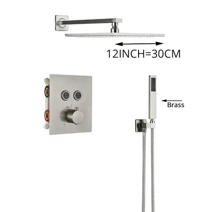 Modern brushed nickel thermostatic shower faucet set with square panel dual dials and central knob for bathroom rainfall