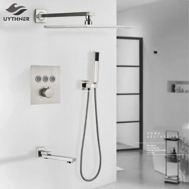 Modern brushed nickel thermostatic shower faucet set with rainfall shower head handheld sprayer and wall control panel
