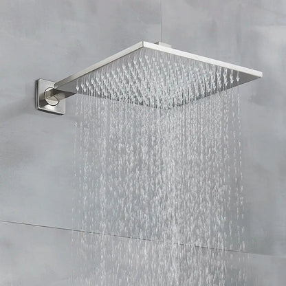 Modern brushed nickel shower faucet set with square brushed stainless steel showerhead and multiple water jets for rainfall