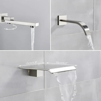 Modern brushed nickel shower faucet set with chrome finish, angular design, and waterfall spout for bathroom rainfall use