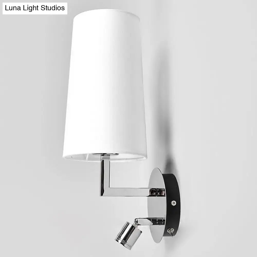 Modern brushed nickel wall sconce with white cylindrical lampshade and adjustable spotlight direct wired electric e26 e27 bulb base