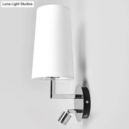Modern brushed nickel wall sconce with white cylindrical lampshade and adjustable spotlight direct wired electric e26 e27 bulb base