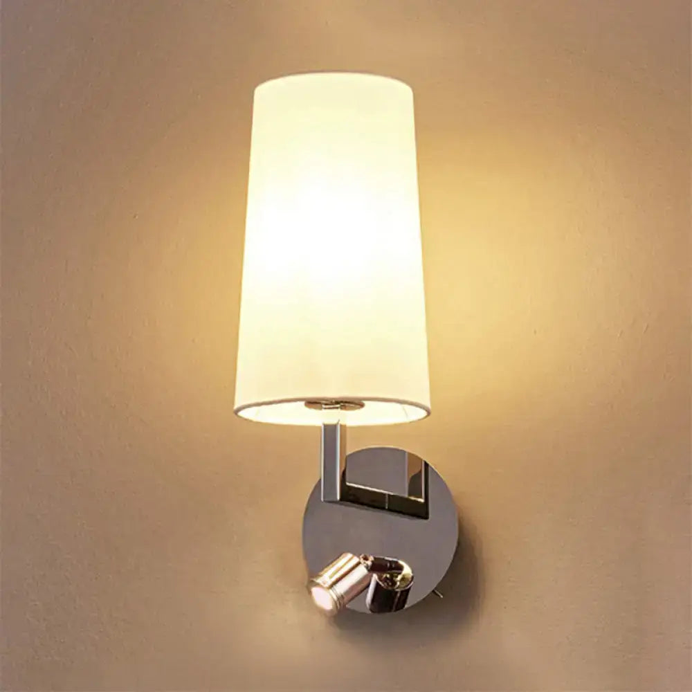 Modern brushed nickel direct wired electric wall sconce with chrome finish, off-white fabric shade, and e26 e27 bulb base