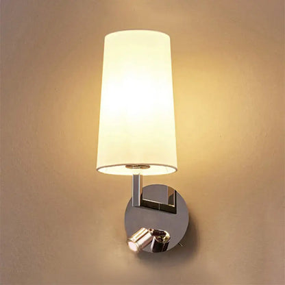 Modern brushed nickel direct wired electric wall sconce with chrome finish, off-white fabric shade, and e26 e27 bulb base