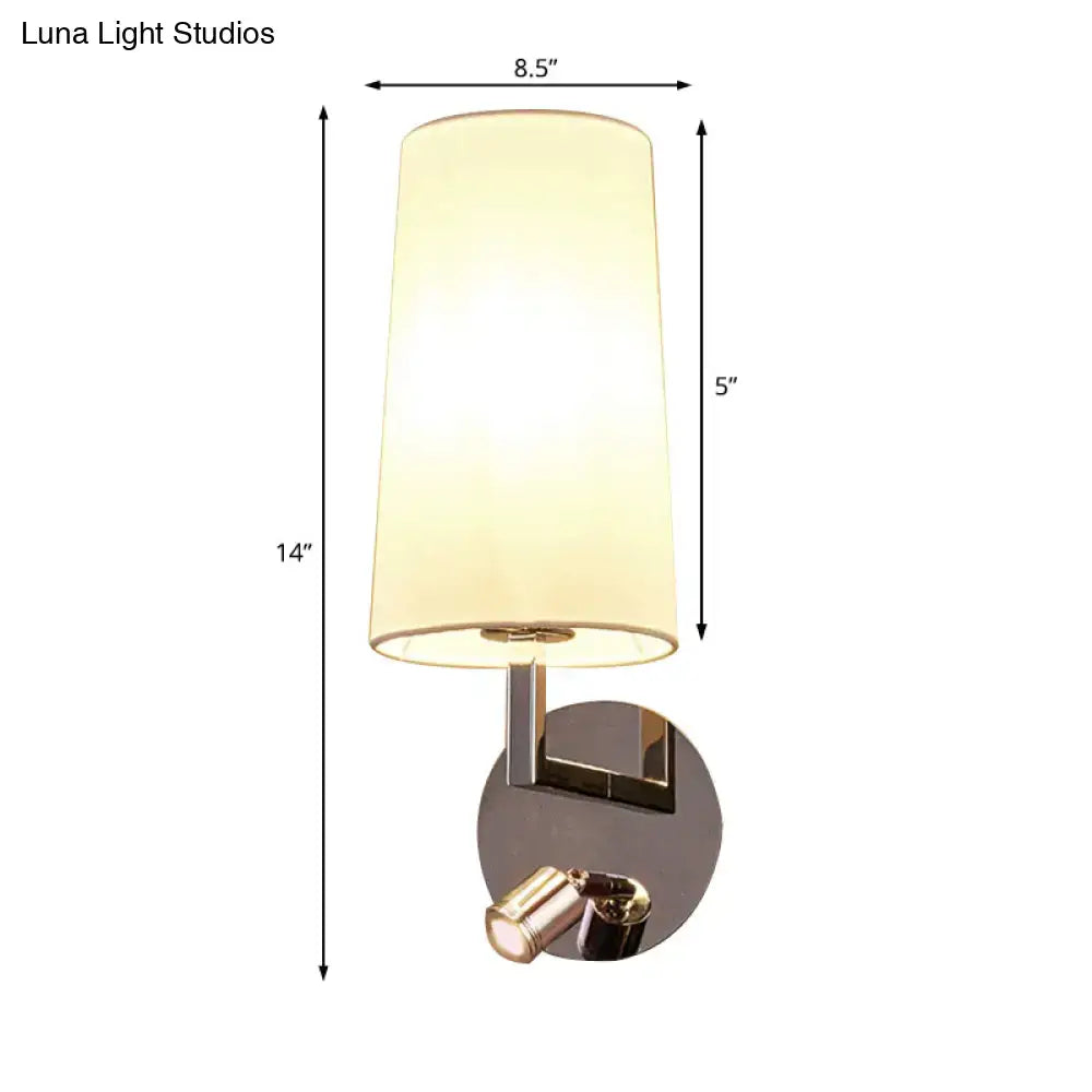 Cream-colored cylindrical lampshade mounted on a modern brushed nickel wall sconce with e26 e27 bulb base direct wired electric