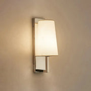Modern brushed nickel wall sconce with a soft white fabric shade and direct wired electric bulb base e26 e27
