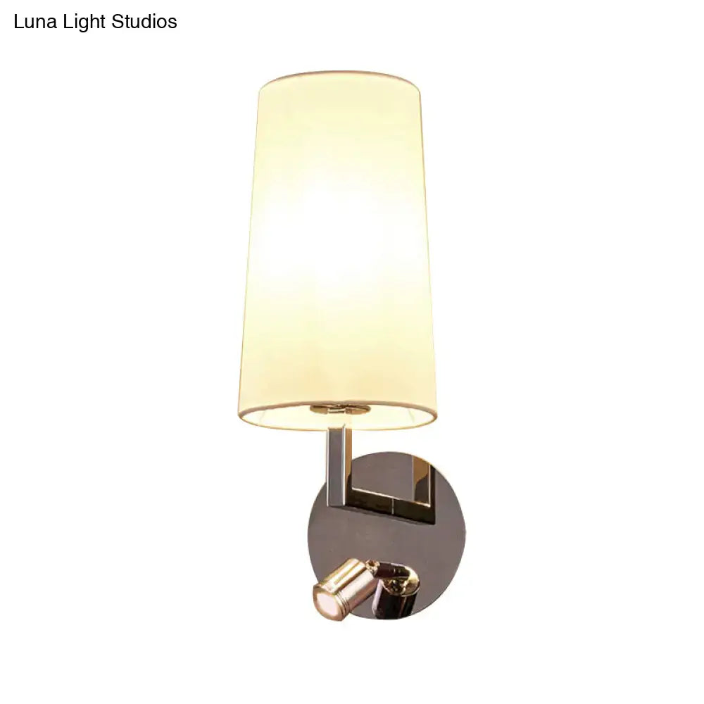 Modern brushed nickel wall sconce with direct wired electric e26 e27 bulb base and off-white cylindrical fabric shade