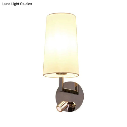 Modern brushed nickel wall sconce with direct wired electric e26 e27 bulb base and off-white cylindrical fabric shade