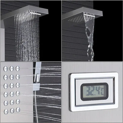 Modern brushed nickel shower panel with chrome-finished waterfall rain showerhead and integrated digital temperature display
