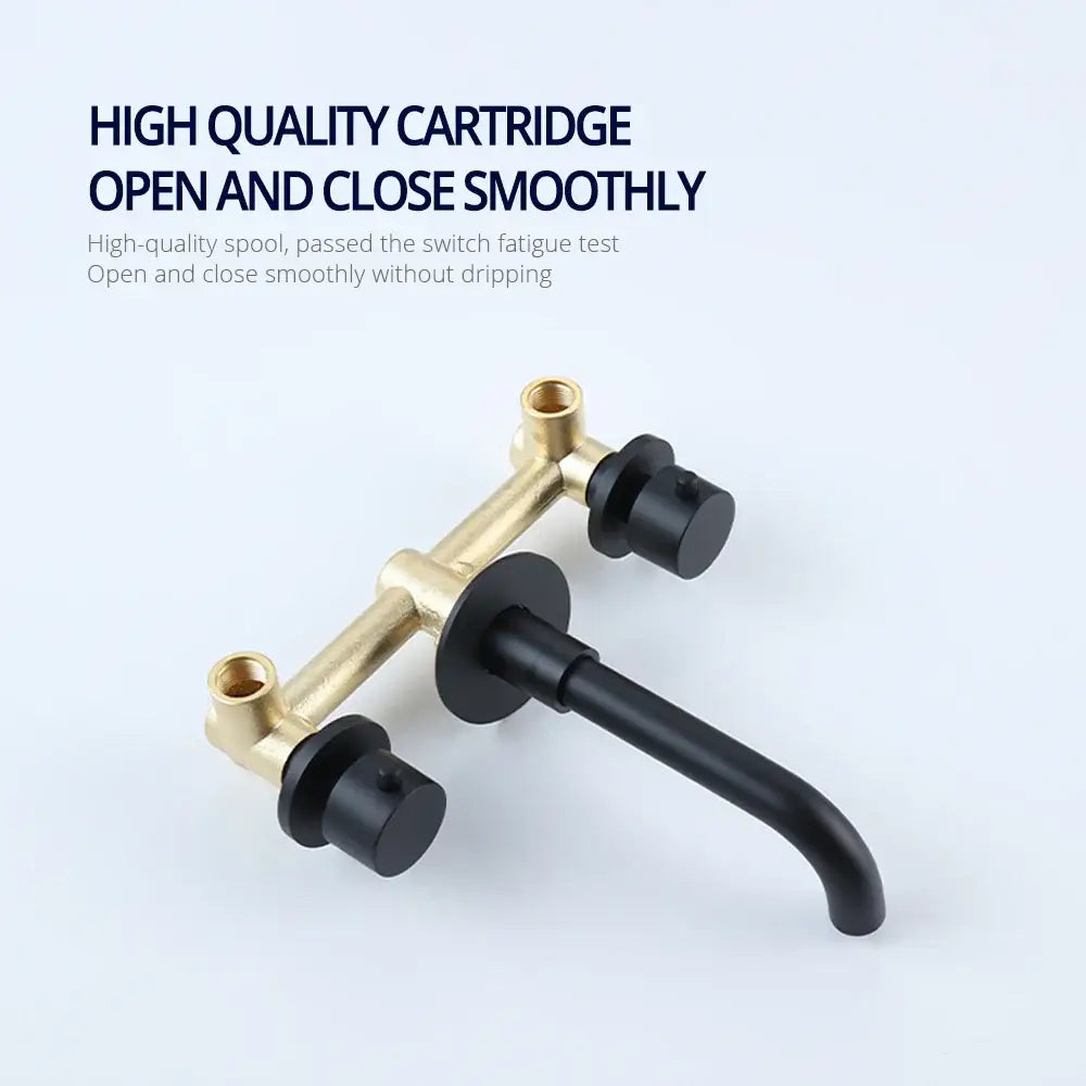 Modern brushed rose gold dual handle wall mount faucet valve control featuring a black and brass cartridge design