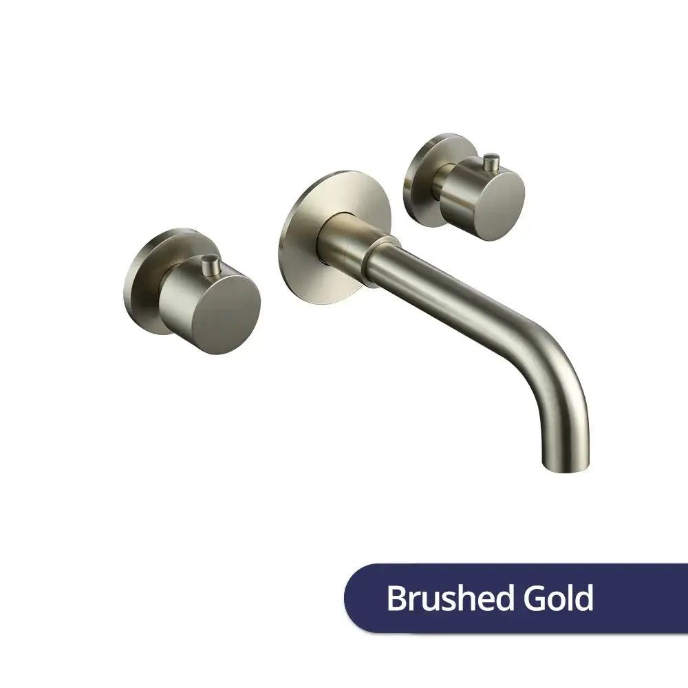 Modern brushed gold dual handle wall mount faucet with valve control and sleek curved spout for bathroom use