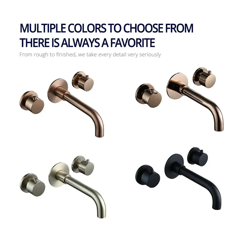 Modern dual handle wall mount faucet sets in brushed bronze, matte black, and satin chrome with valve control