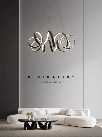 Modern brushed silver creative twisted led chandelier with interlocking circular rings in sleek metallic finish for living room decorbites creative twisted