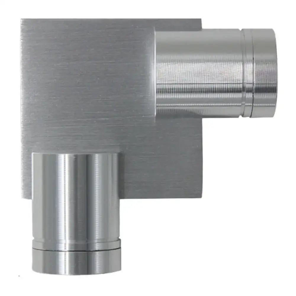 Modern brushed silver l-shaped wall light fixture with a silver brushed metal corner pipe fitting for bedroom sconce