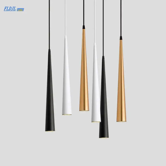 Modern pendant light with brushed stainless conical shades in black white and gold for kitchen and dining room