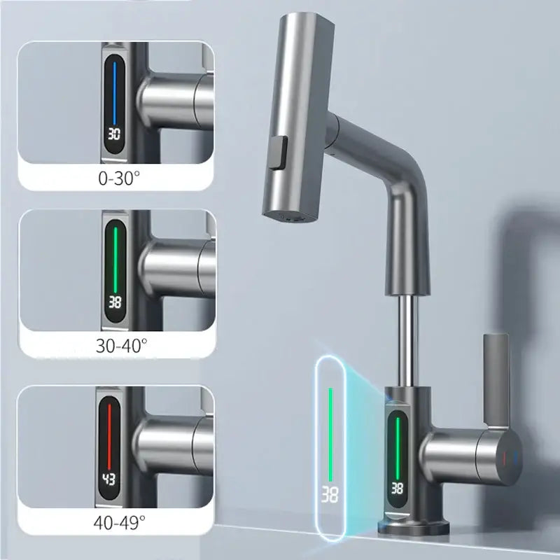 Modern brushed stainless basin faucet with decorbites digital display and temperature reading 38 degrees Celsius