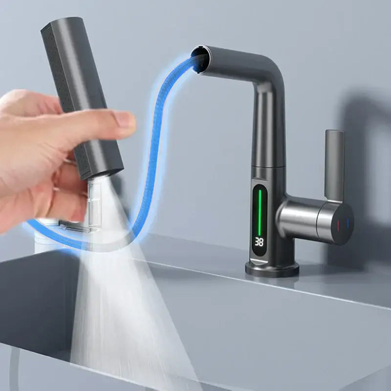 Modern brushed stainless basin faucet with matte black finish digital display waterfall and attached flexible spray nozzle