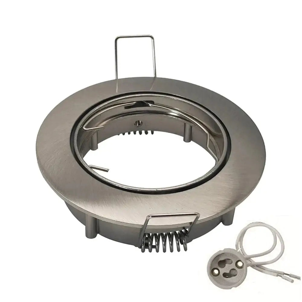 Stainless steel recessed ceiling light fixture with a circular brushed metal frame and spring-loaded mounting clips.