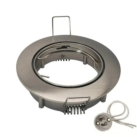 Stainless steel recessed ceiling light fixture with a circular brushed metal frame and spring-loaded mounting clips.