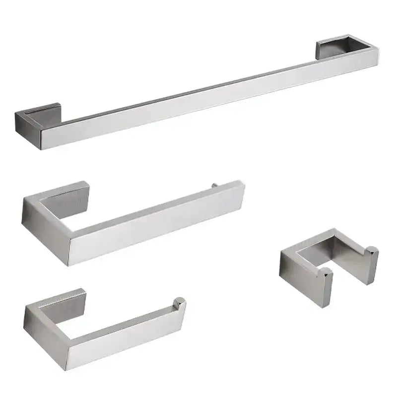 Modern brushed stainless steel bath hardware set with sleek rectangular bars and hooks in a minimalist design