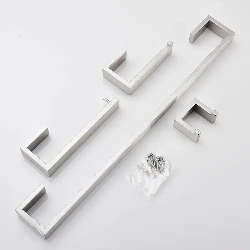Set of modern brushed stainless steel bath hardware handles with square mounting brackets perfect for bathroom accessories