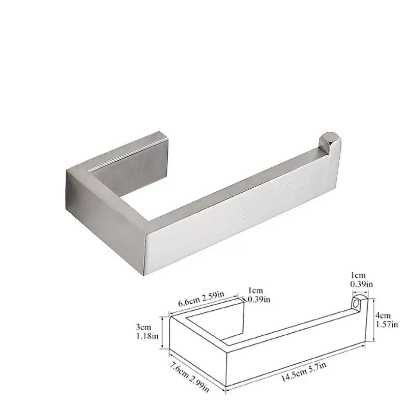 Modern brushed stainless steel toilet paper holder with sleek rectangular design in a minimalist bath hardware set
