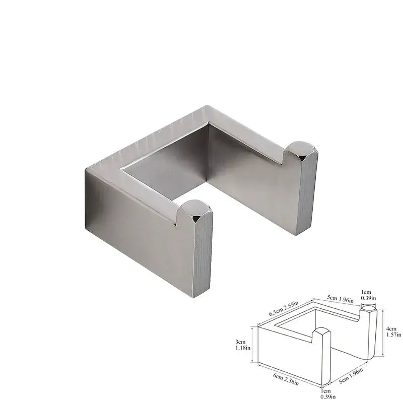 Modern brushed stainless steel double hook wall mount in silver with precise angular design for bath hardware set