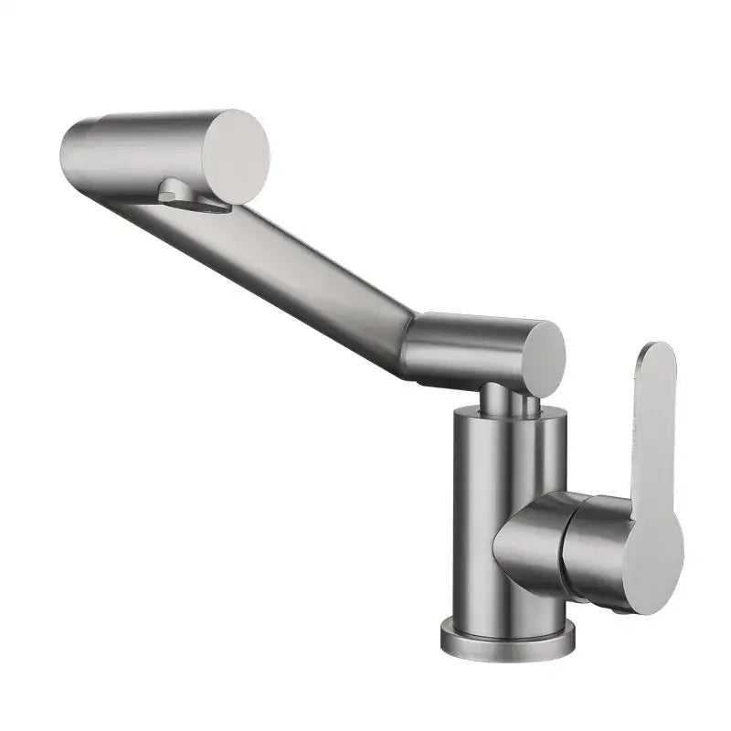 Modern brushed stainless steel bathroom faucet with sleek articulated spout and minimalist lever handle for steel bathroom use