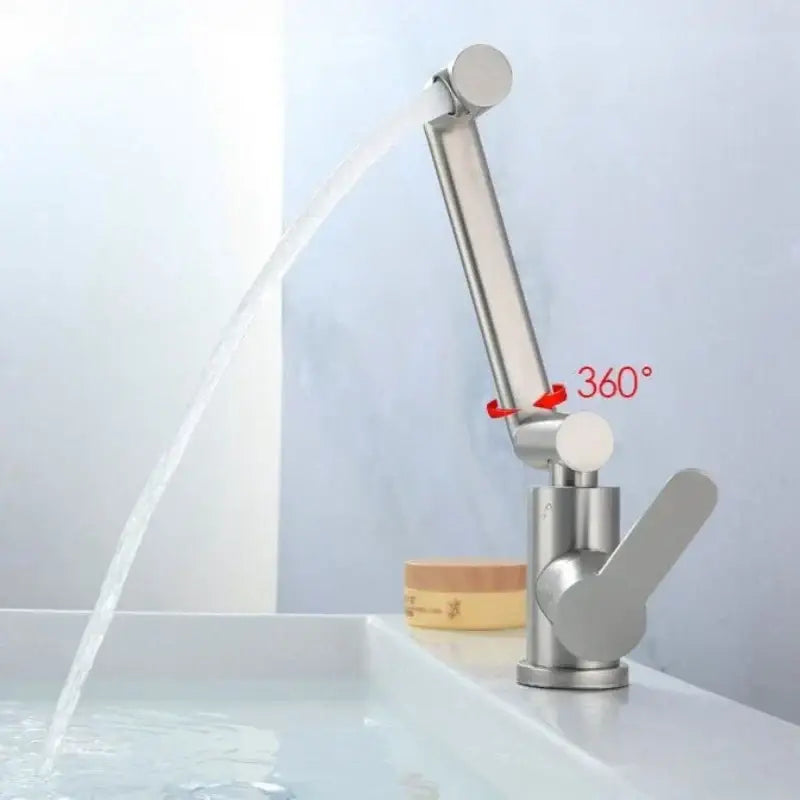 Modern brushed stainless steel bathroom faucet with sleek angular design and 360-degree swivel spout for steel bathroom use