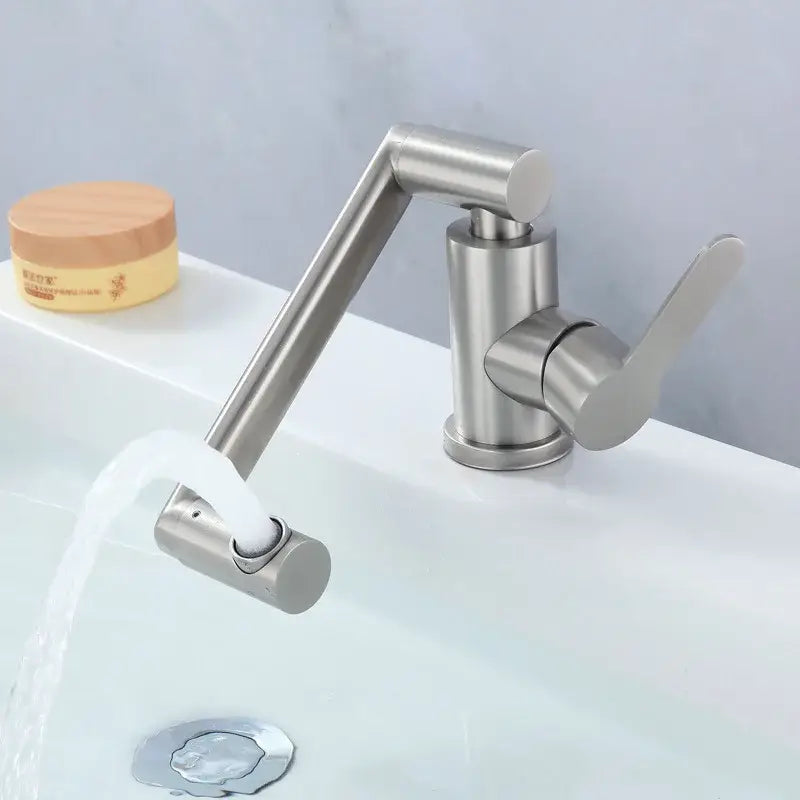 Modern brushed stainless steel bathroom faucet with sleek articulated spout and single lever handle steel bathroom faucet
