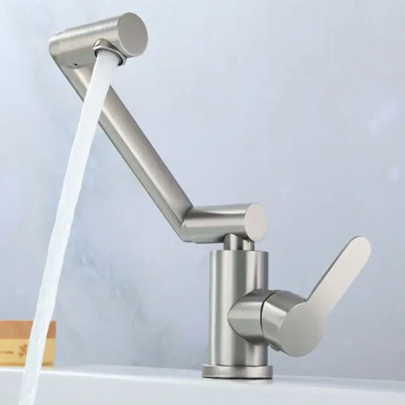 Modern brushed stainless steel bathroom faucet with sleek articulated spout for kitchen basin use in steel bathroom settings