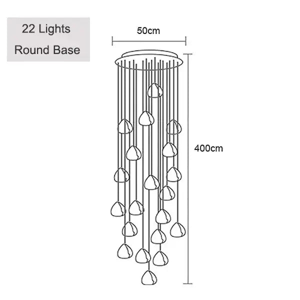 Modern brushed stainless steel pendant light with 22 teardrop-shaped lights hanging from a round base, 400cm tall
