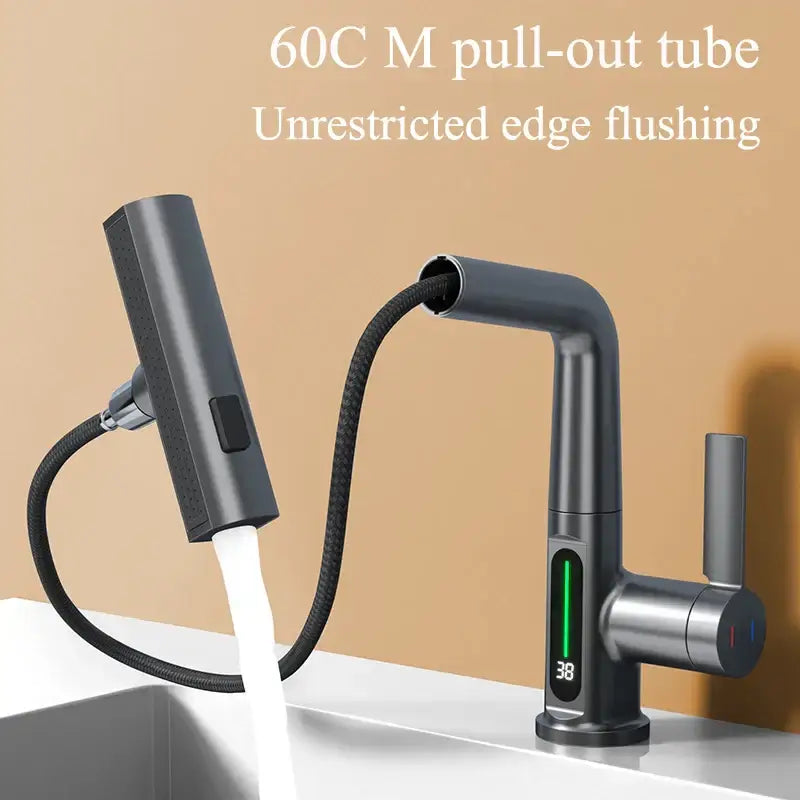Modern brushed stainless steel basin faucet with matte black pull-out spray head and decorbites digital display waterfall