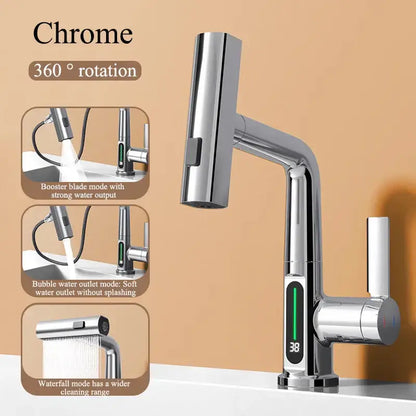 Chrome finished modern brushed stainless steel basin faucet with decorbites digital display and 360 degree spray modes
