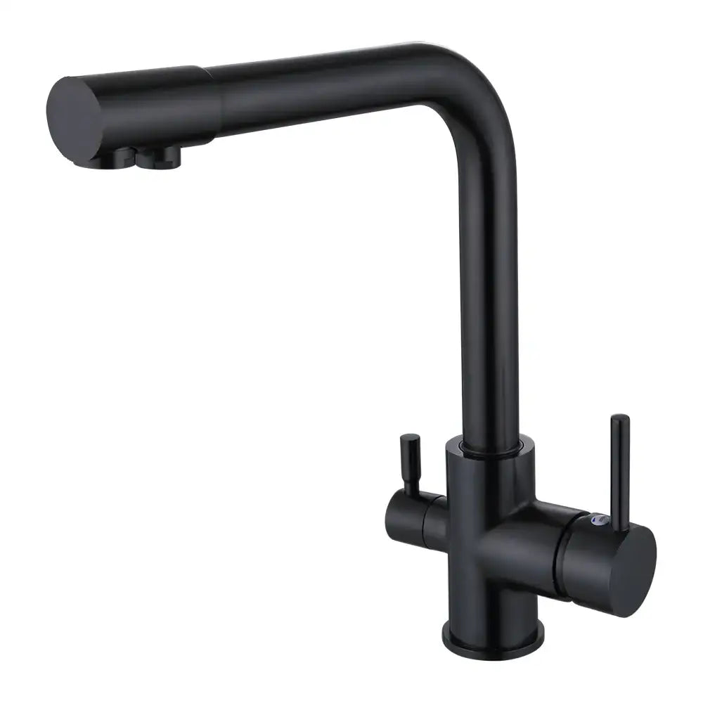 Modern brushed stainless steel dual handle kitchen filter faucet with black matte finish and sleek, modern design