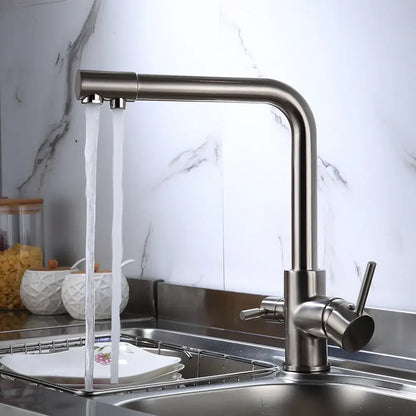 Modern brushed stainless steel dual handle kitchen filter faucet with sleek curved spout for contemporary kitchens